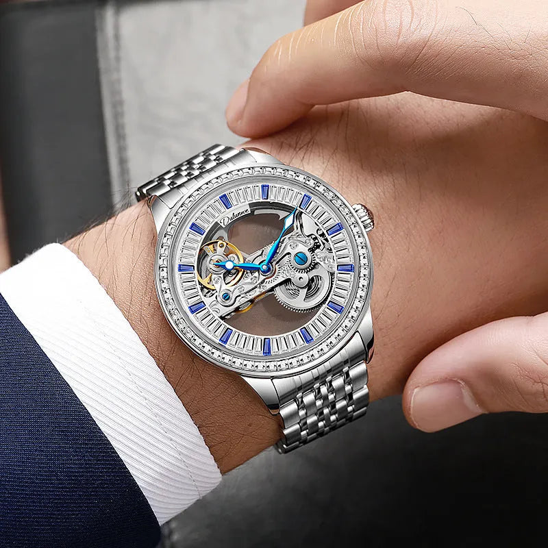 Men's luxury zircon mechanical watch with stainless steel case and black leather strap