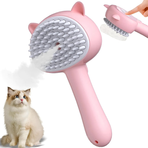 Blue cat steam brush with ergonomic handle, soft rubber bristles, and release button for pet grooming