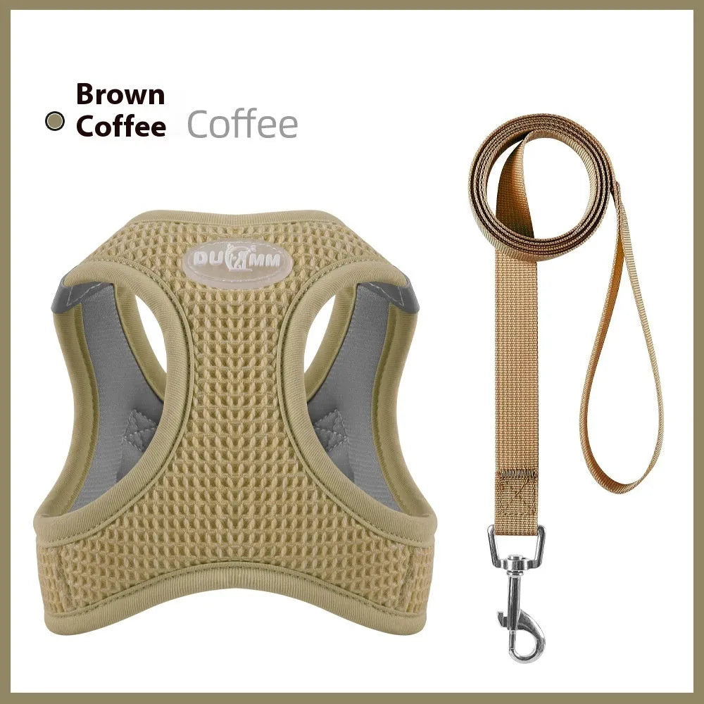 Brown cloth cat harness with waffle texture chest strap shown on size chart