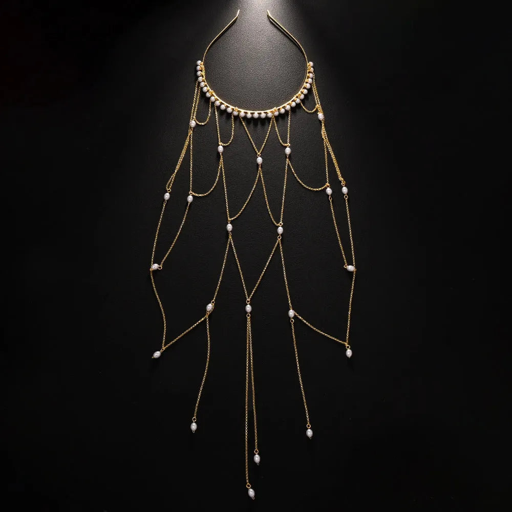 Mesh tassel hair chain with pearl decoration in gold or silver colour