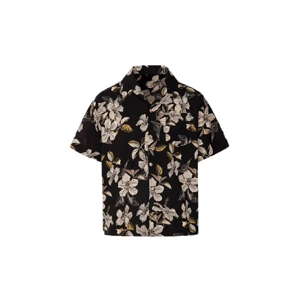 Men's black ice silk shirt with Cuban collar and flower pattern for summer casual wear