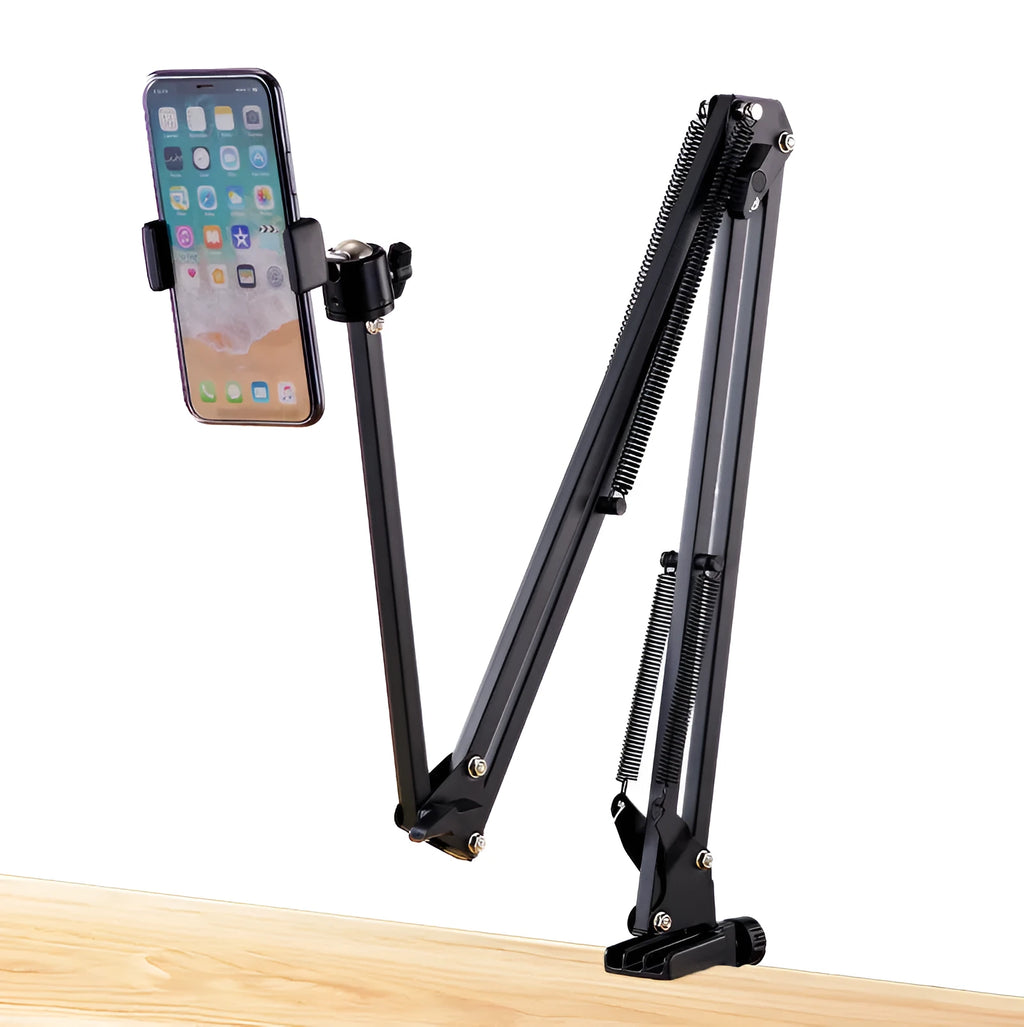 Black foldable metal tablet cantilever bracket with adjustable arm and tablet clip