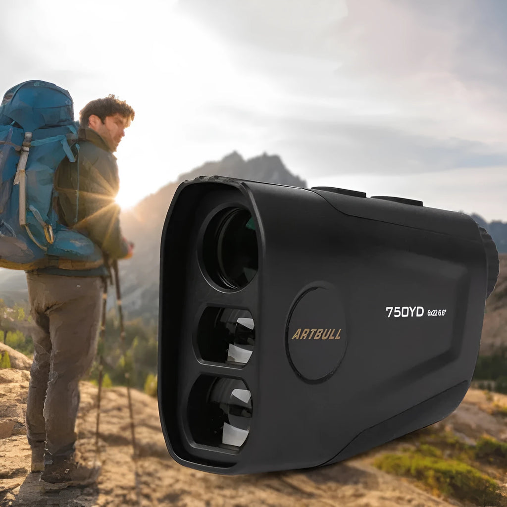 Golf laser rangefinder distance meter with LCD display showing yardage measurement