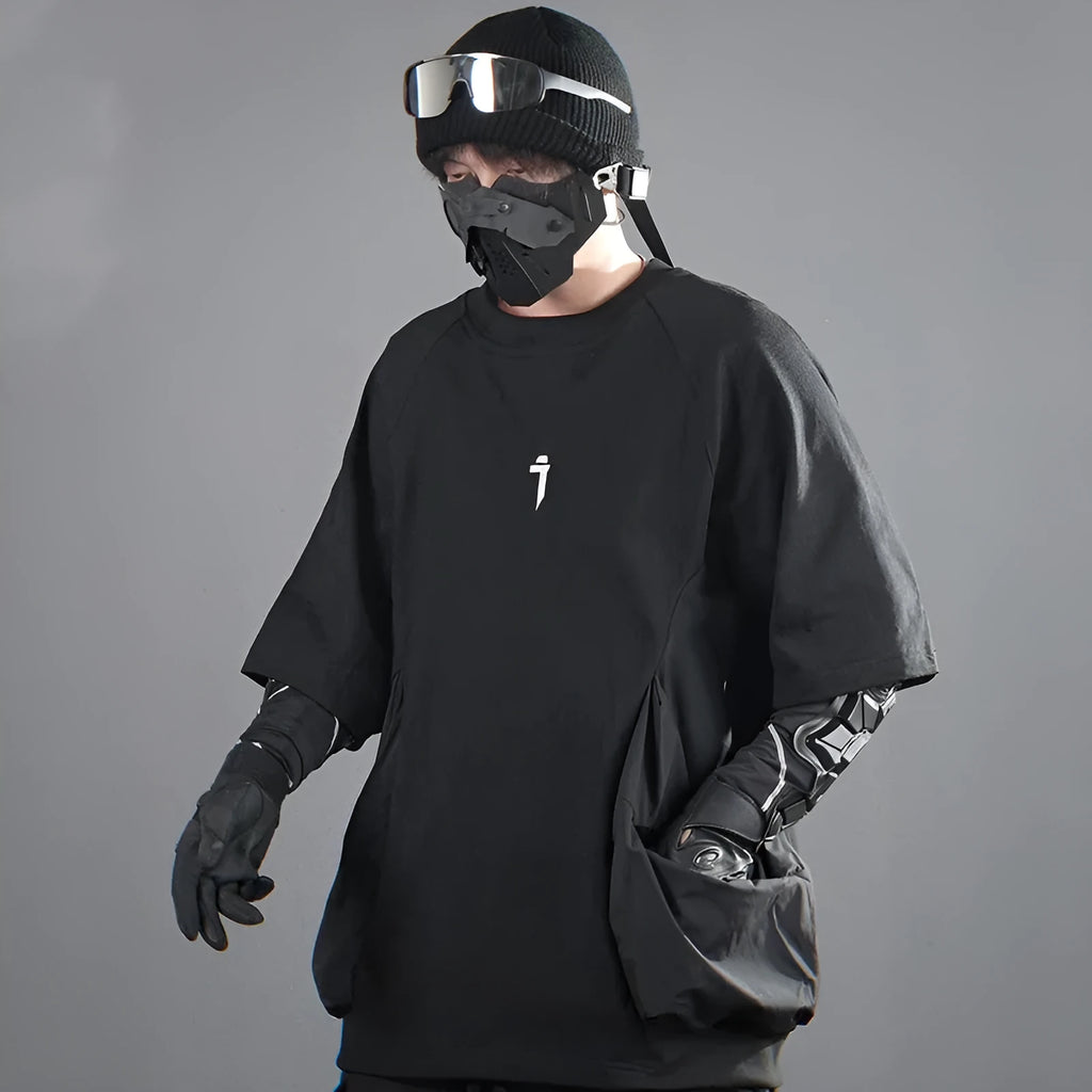 Men's loose casual cotton t-shirt with big pockets in black colour showing front view