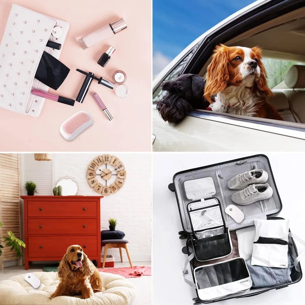 Handheld pink and white electric pet massage brush for cats and dogs on a table.