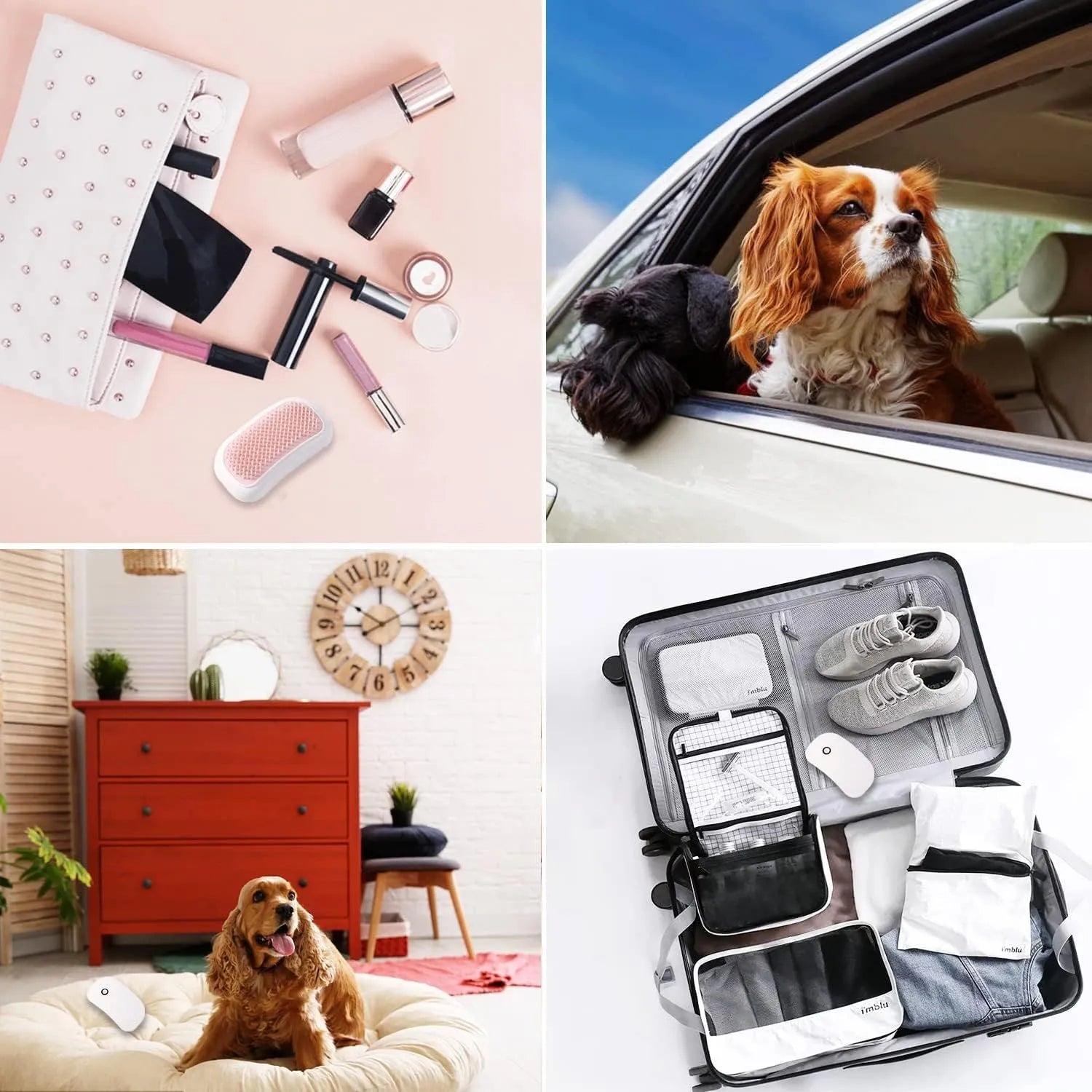 Handheld pink and white electric pet massage brush for cats and dogs on a table.