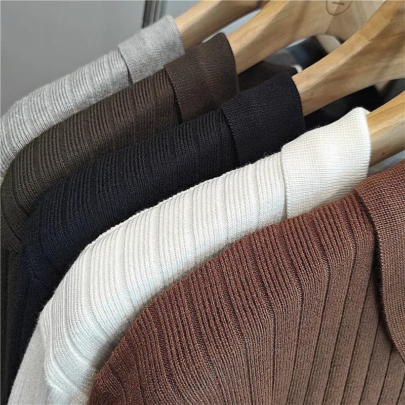 Loose striped lapel knitted sweater for boys in Army Green colour