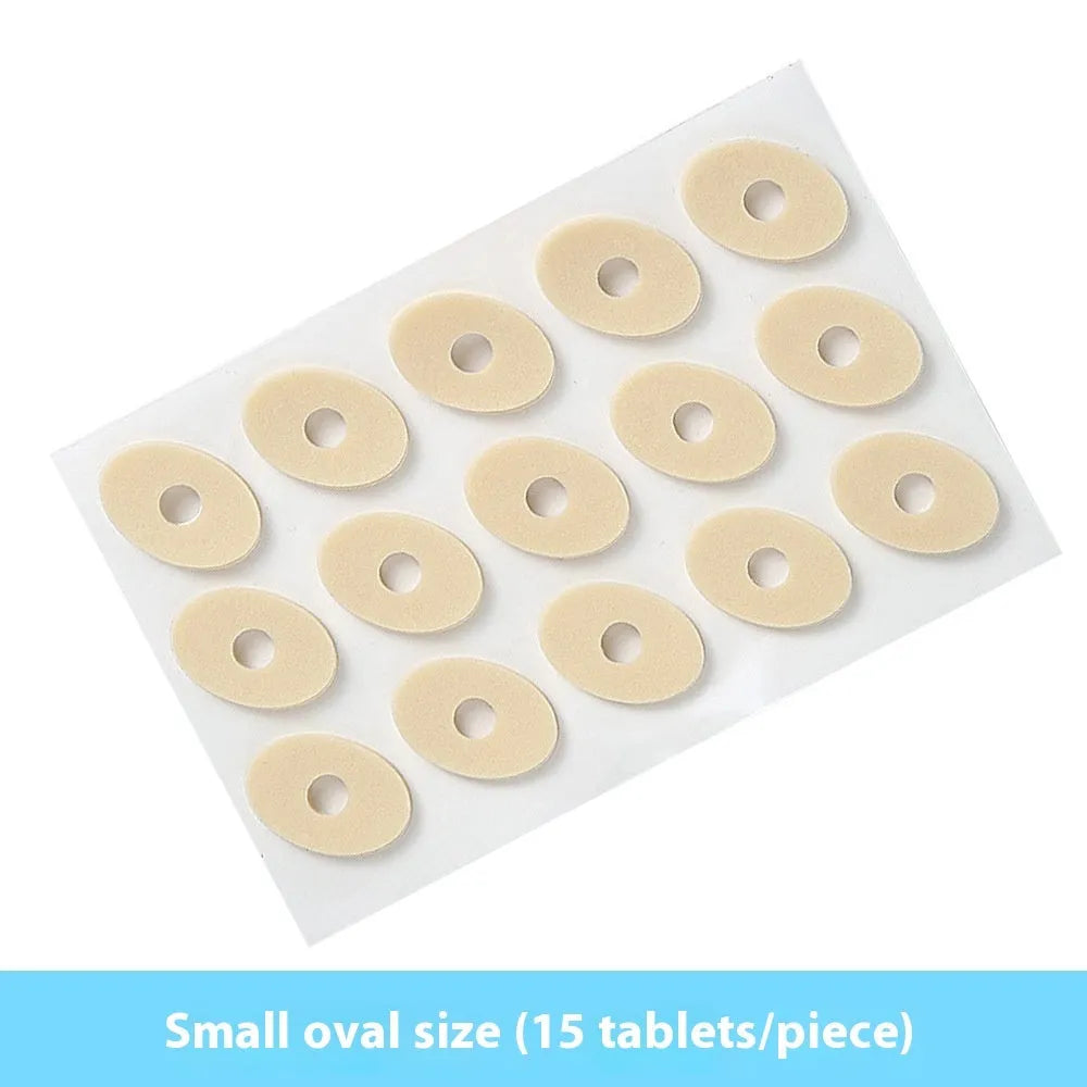 Women's heel grip toe pads pack showing four different shapes: large oval, small oval, U-shaped, and circular section
