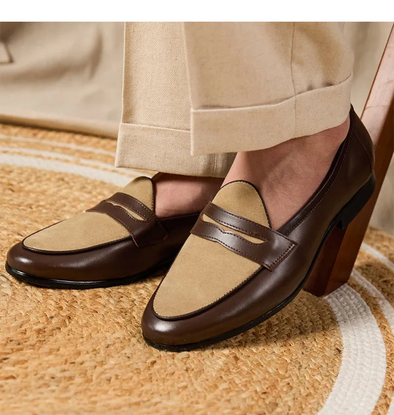 Coffee grey Belgian loafers with high-gloss suede leather uppers and rubber soles