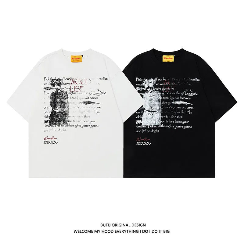 Men's black hip hop style cotton t-shirt with printed letters design and loose fit