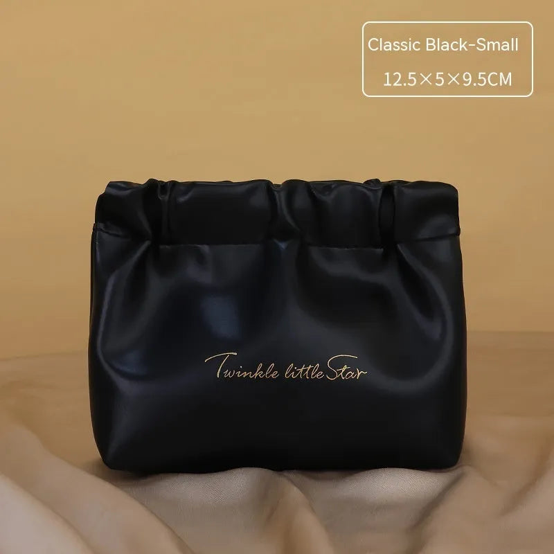 Large capacity caramel mocha PU leather toiletry bag with double layer waterproof design and wet dry separation for travel makeup storage