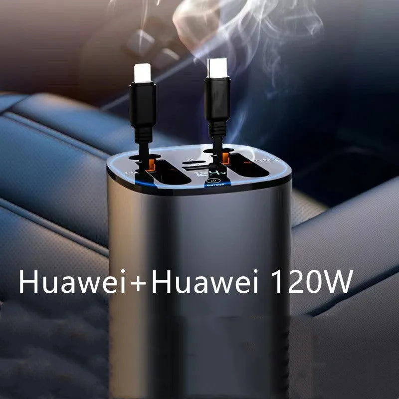 Automatic retractable car charger with cigarette lighter adapter and USB connections
