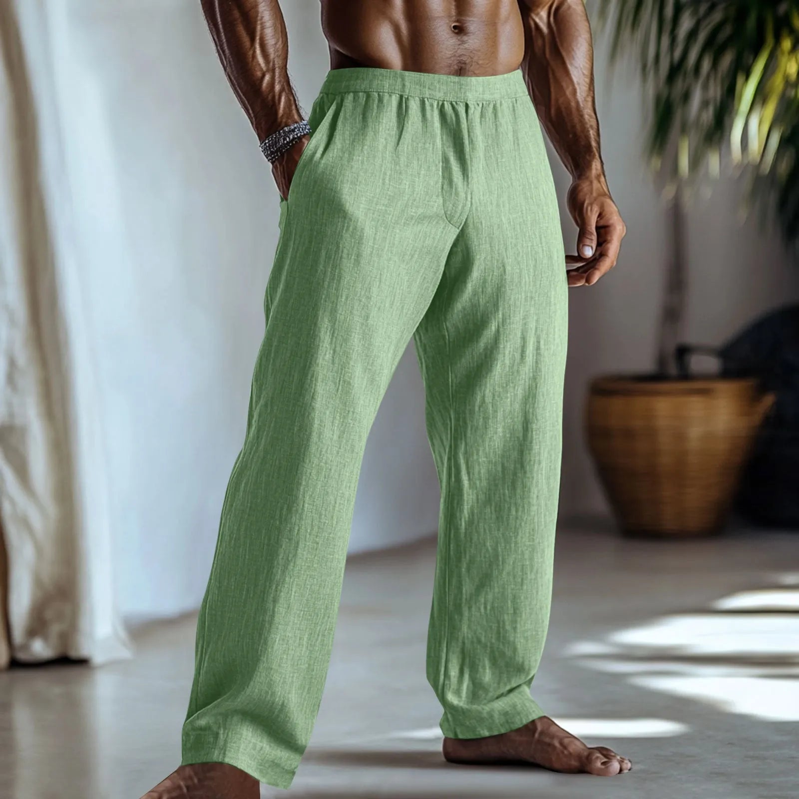 Cotton and linen straight leg casual trousers with pockets in light green colour