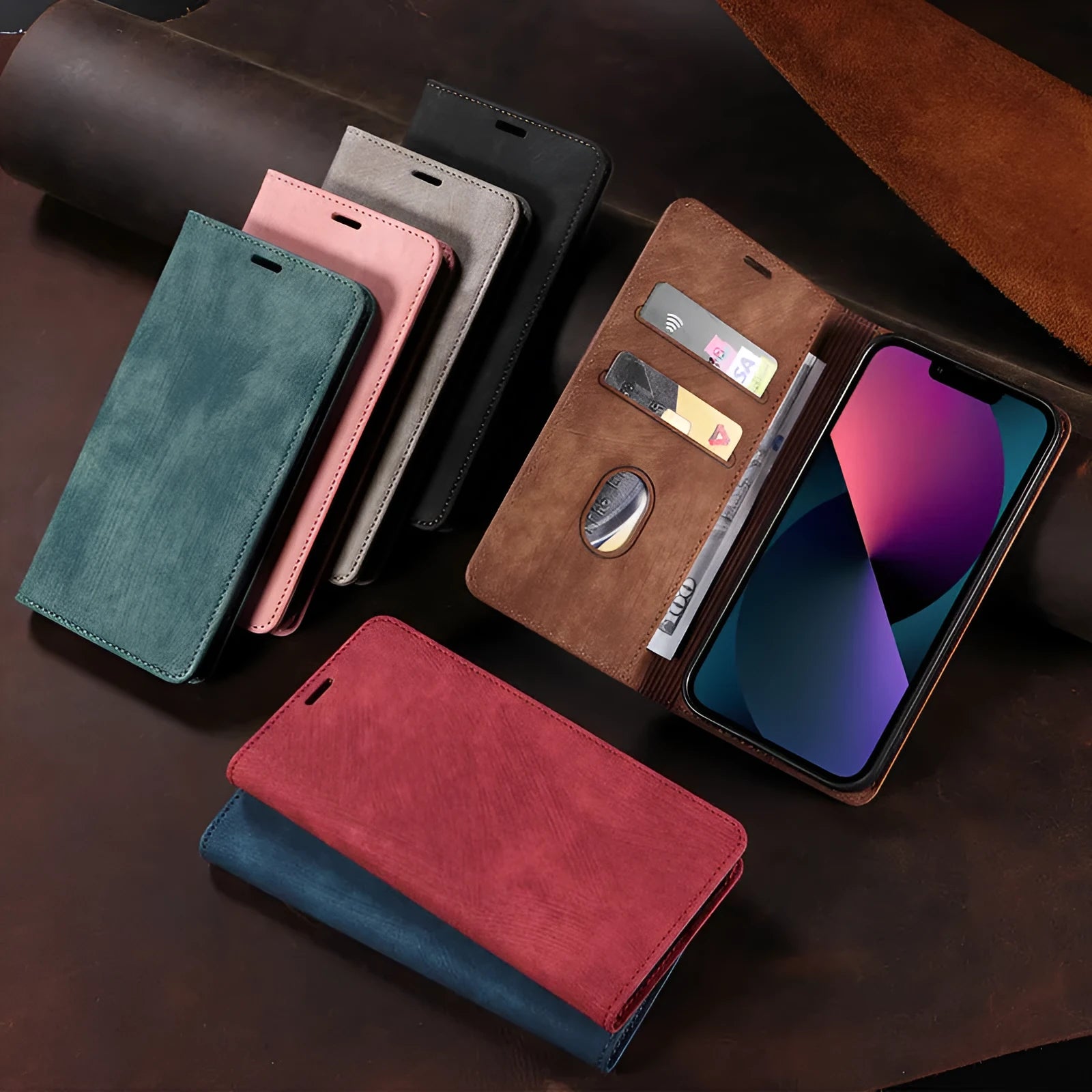 Magnetic flip phone case for iPhone in various colours showing TPU and leather construction
