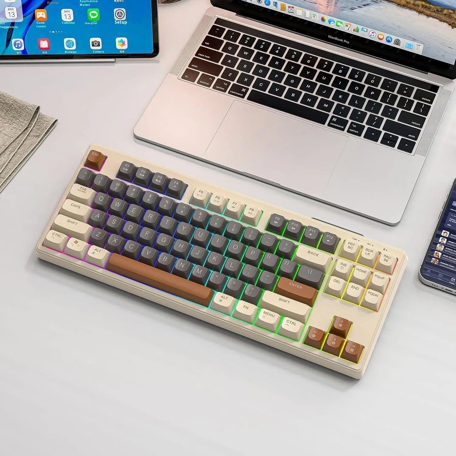 Free Wolf M87 wireless Bluetooth dual-mode mechanical feeling keyboard in blueberry colour on a desk.