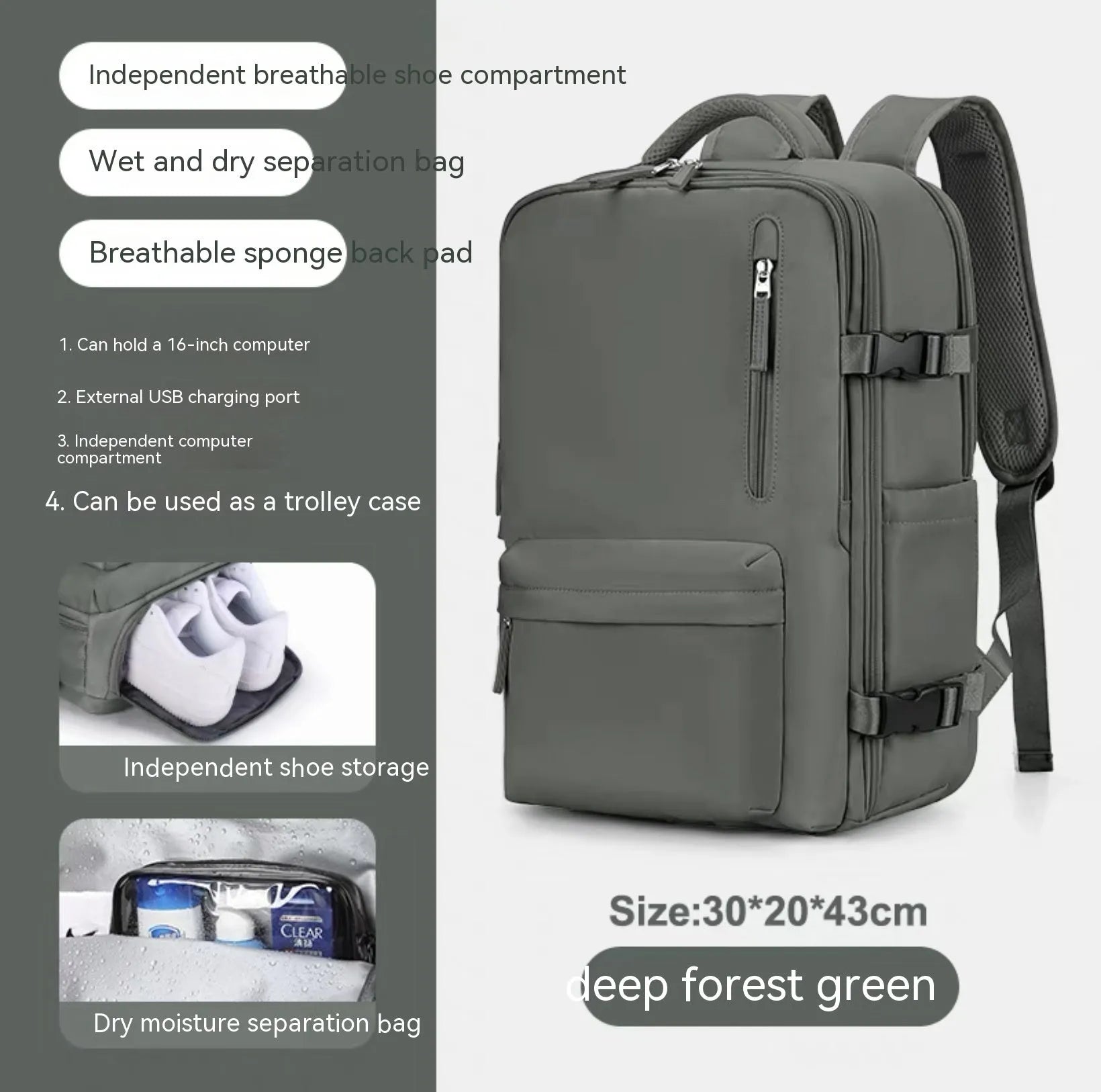 Large black waterproof nylon mummy backpack with zipped compartments.