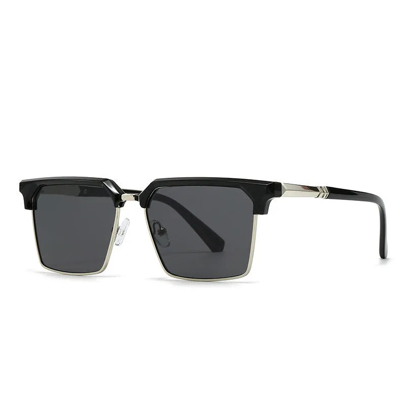 Men's square sunglasses with plastic frames shown in six colour options including black, grey, tea, green and blue variations