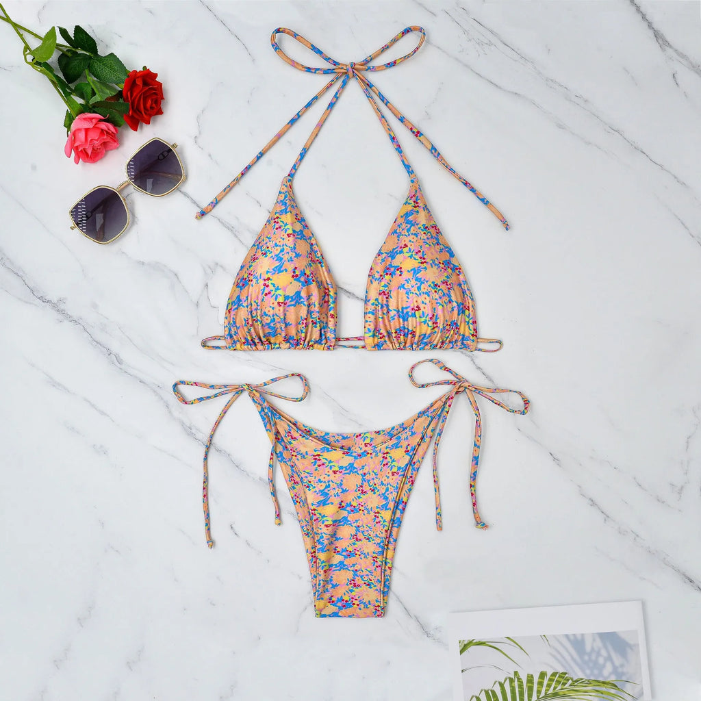 Lace-up bikini two-piece swimsuit with split design and briefs style in picture colour