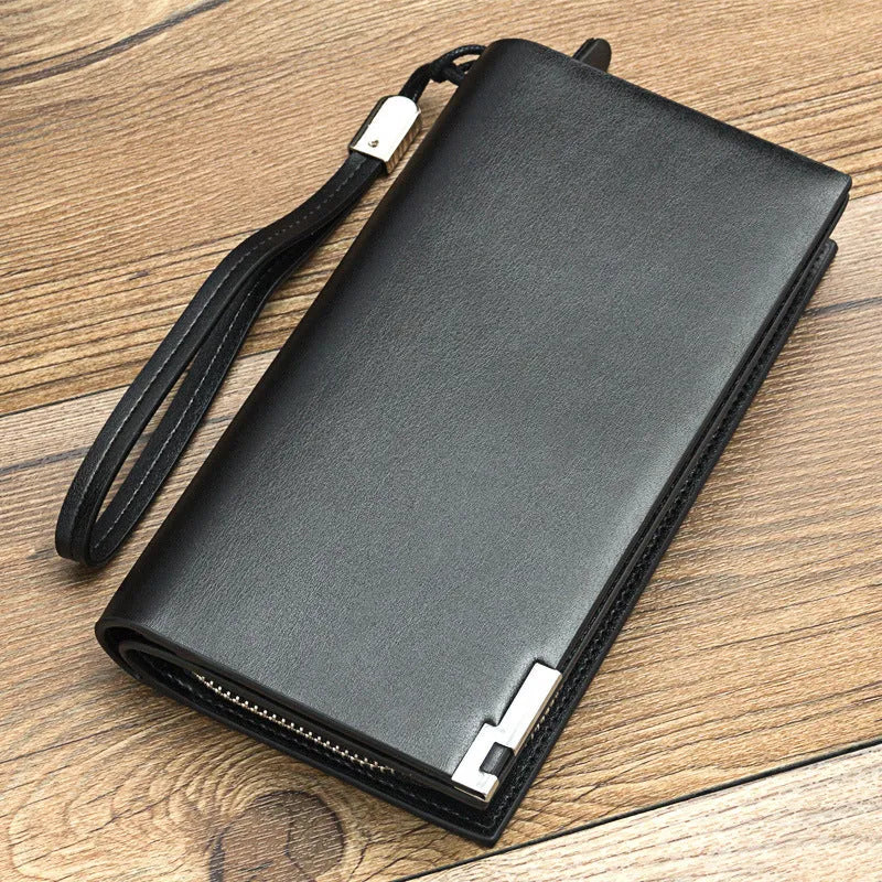 Men's black PU leather wallet with zipper closure showing seven card slots
