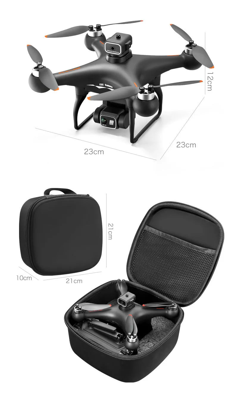 Black S116 brushless motor drone with four propellers and a camera, shown with its remote control.