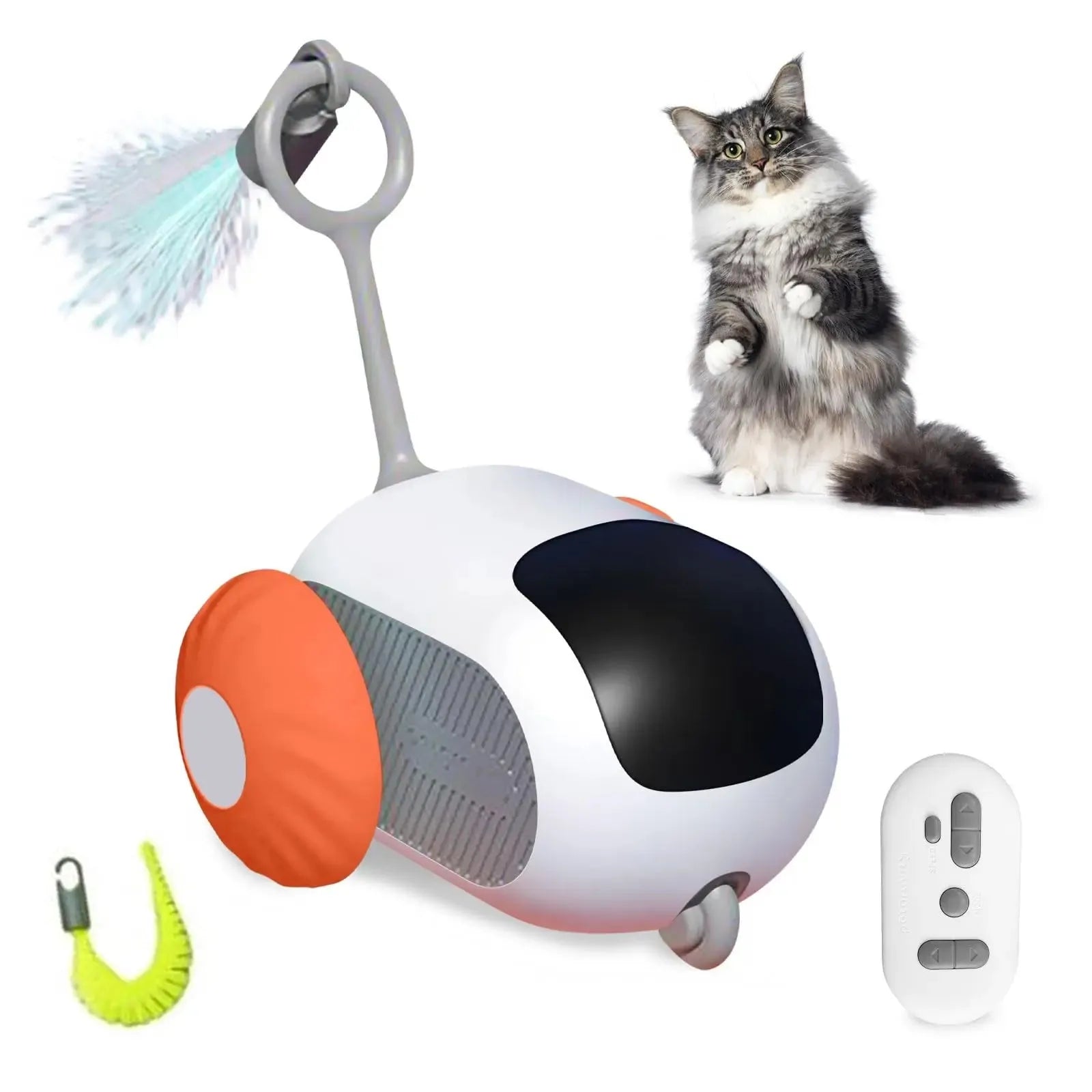 Blue remote controlled smart cat toy car with feather teaser attachment on hard floor