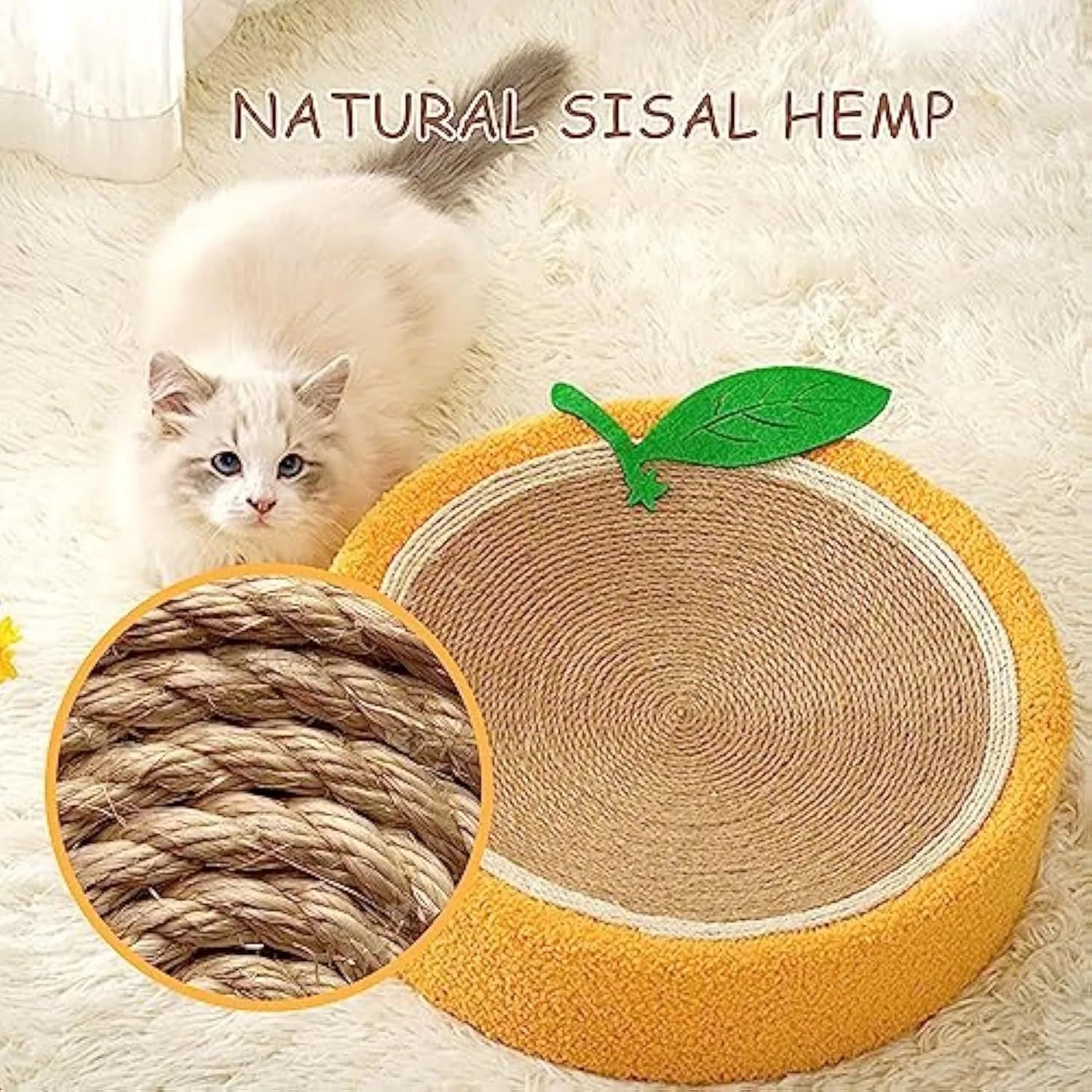Yellow round cat scratching board with sisal surface and concave sleeping centre