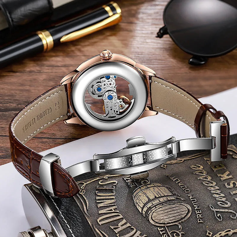 Men's luxury zircon mechanical watch with stainless steel case and black leather strap