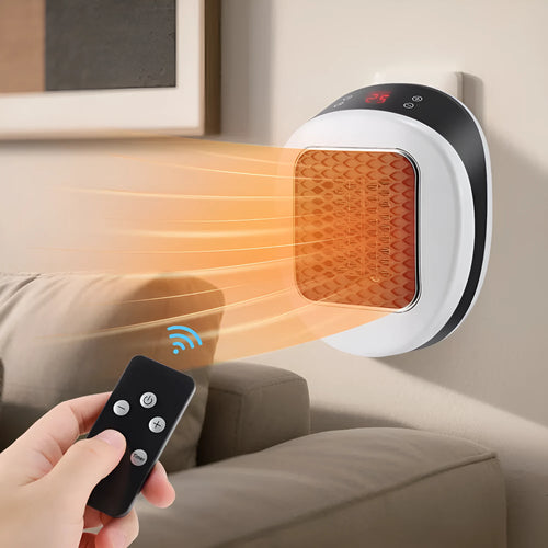 White ceramic heating electric blower with remote control on a desk.
