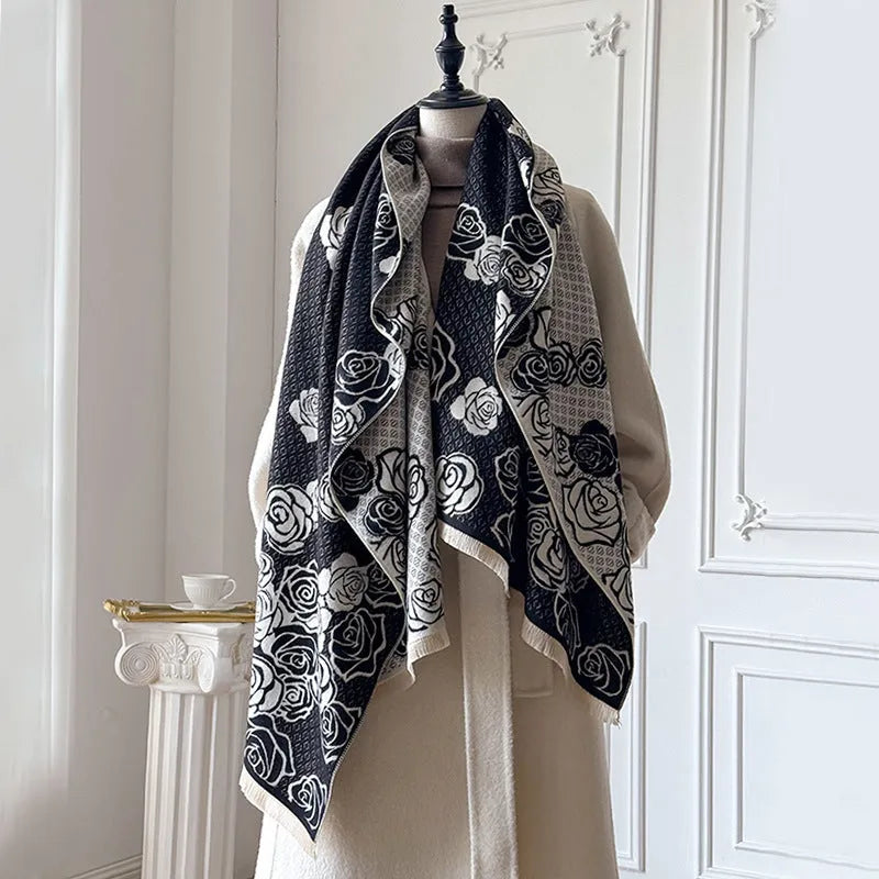 Long grey imitation cashmere scarf with tassels laid flat to show 185cm length.