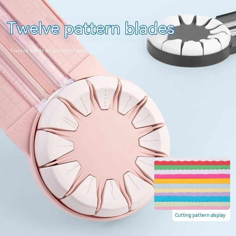 Plastic 12-in-1 paper cutter machine with dotted guide lines in pink colour on white background