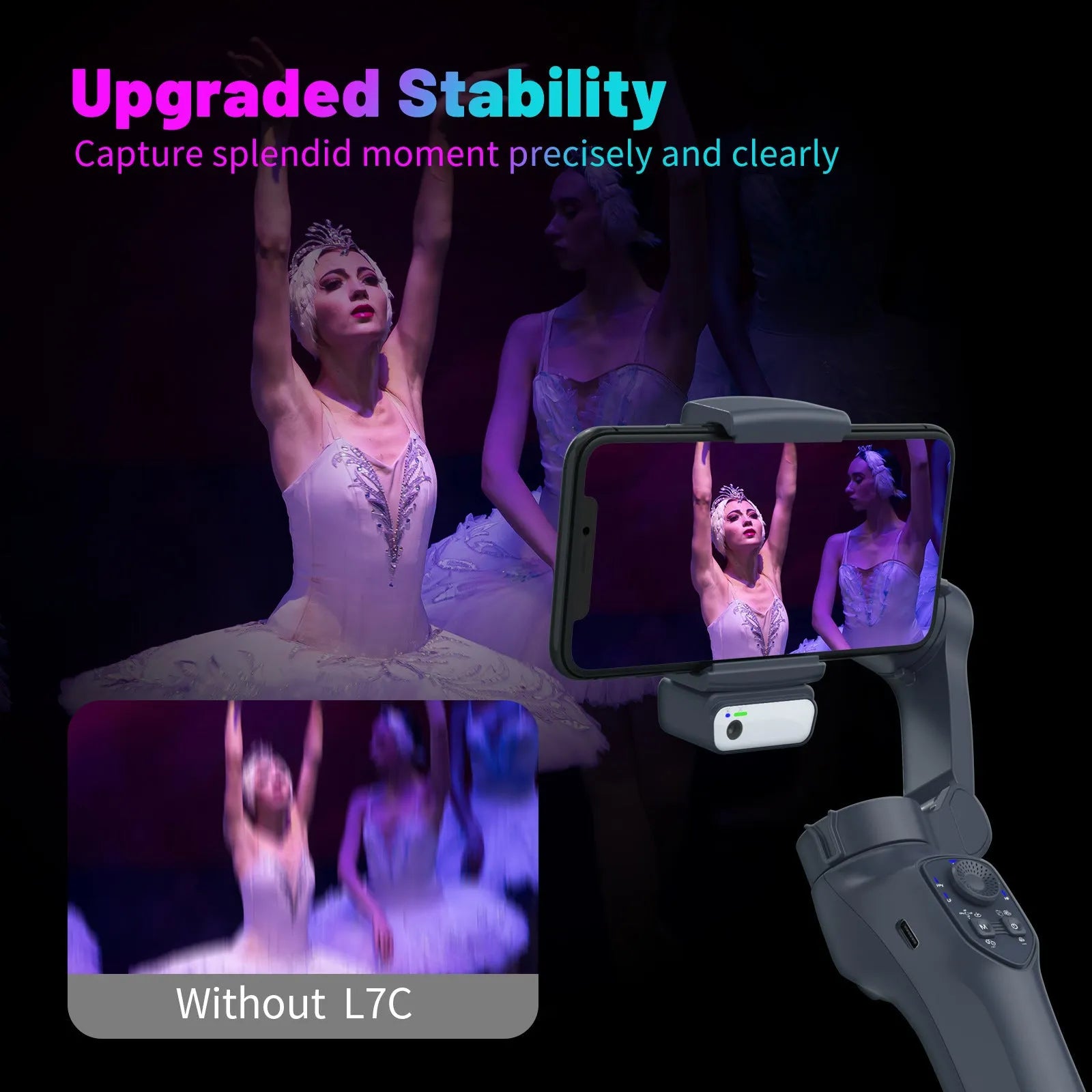 Foldable handheld smartphone gimbal stabiliser in gun colour with extended tripod legs