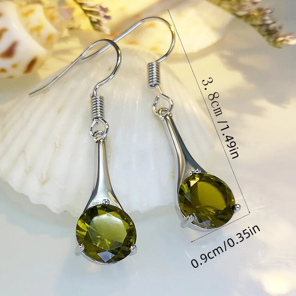 Olive green topaz water drop shape earrings with retro minimalist design and electroplated alloy construction