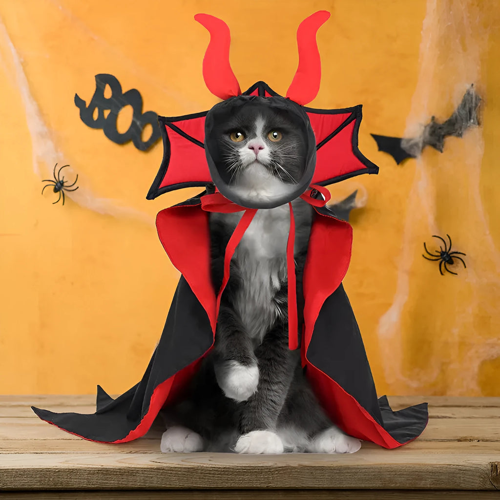 Black polyester vampire cloak and hat costume for a cat or small dog on a white background.