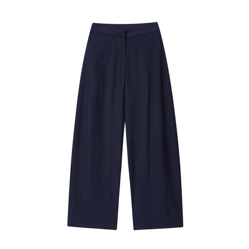 Women's linen blend off-neck shirt with flounced sleeves and matching wide leg trousers set.