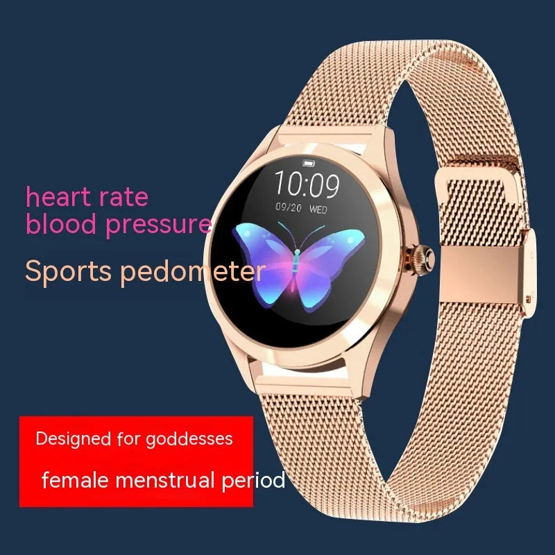 Women's sports smartwatch with colour display showing heart rate monitoring, available in black, rose gold, silver, and white colours