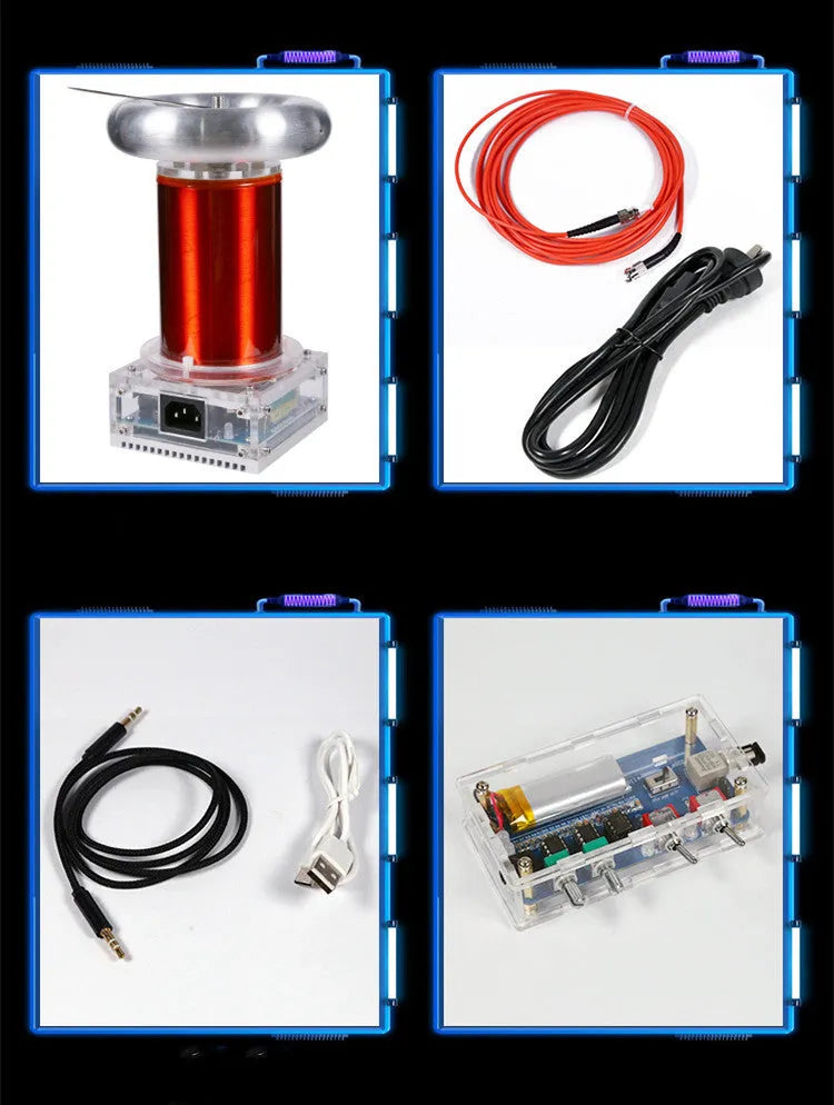 Tesla coil driver board unit with controller and cables for musical lightning displays.