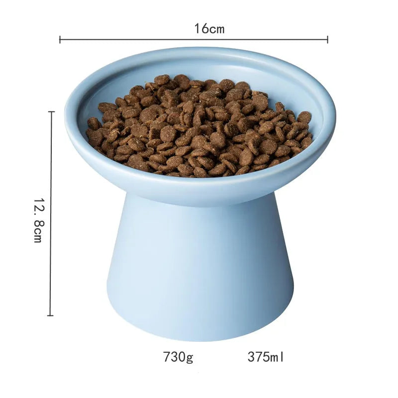Blue wide ceramic elevated cat food bowl on a white background.