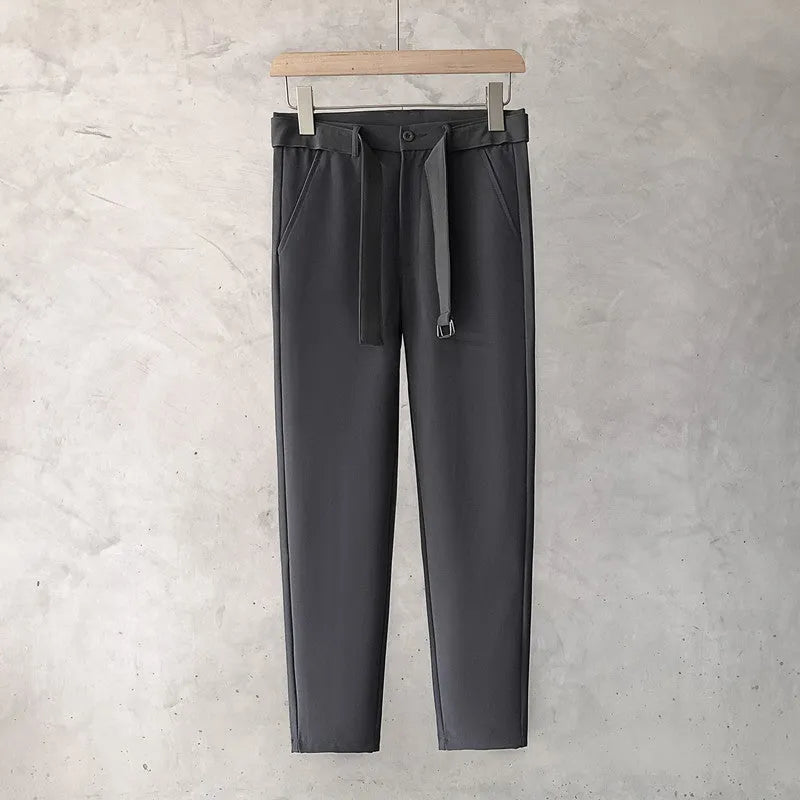 Boys slim straight wool trousers in business casual style with tapered fit and matching belt