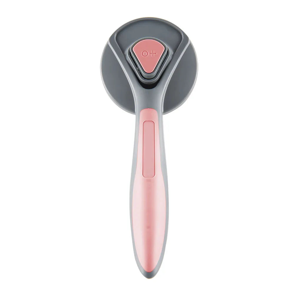 Grey self-cleaning pet slicker brush with massage-tipped bristles and a cleaning button on the handle