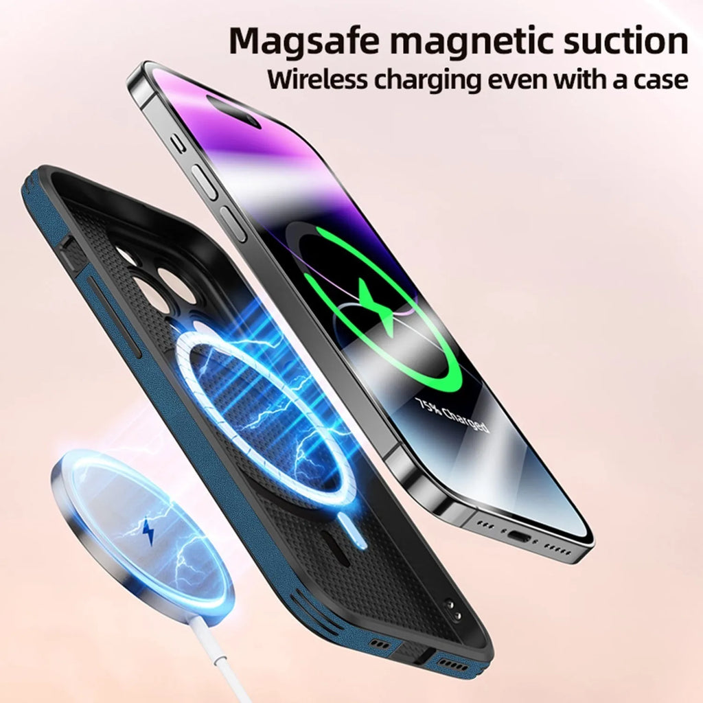 iPhone 16 magnetic charging case with embossed moose head design in imitation leather material, showing front and back views
