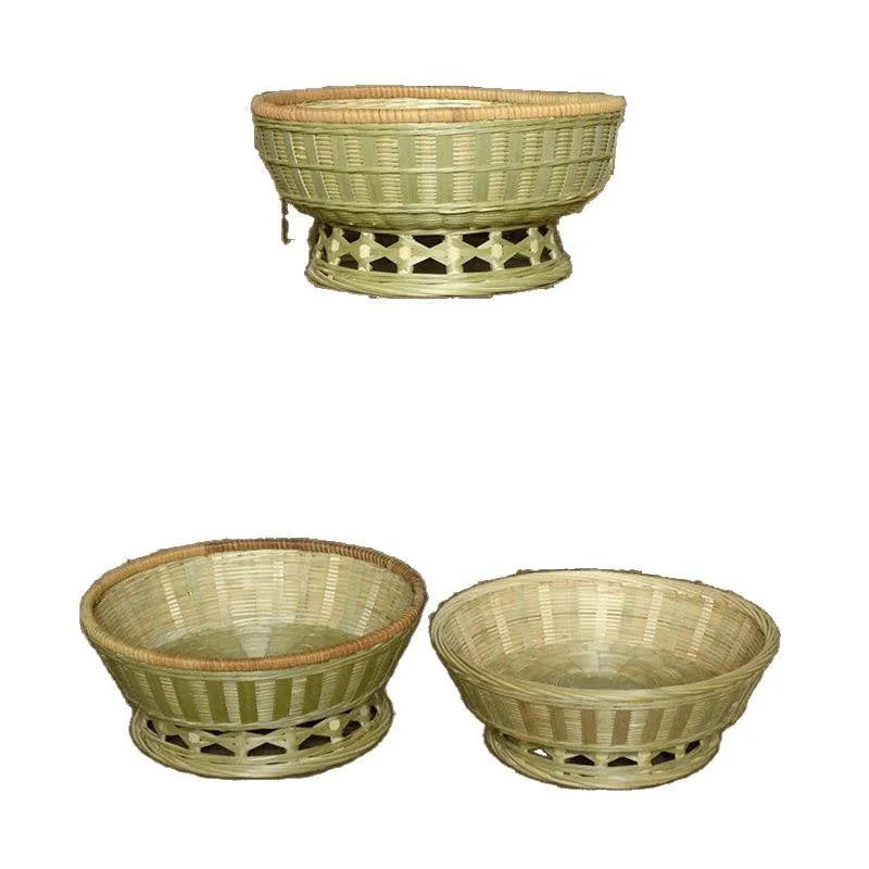 Handmade natural bamboo storage basket shown in one of three size options for household organisation.