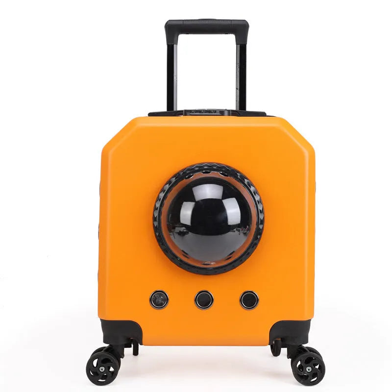 Hard-sided PVC pet flight trolley case for cats in burgundy colour with wheels