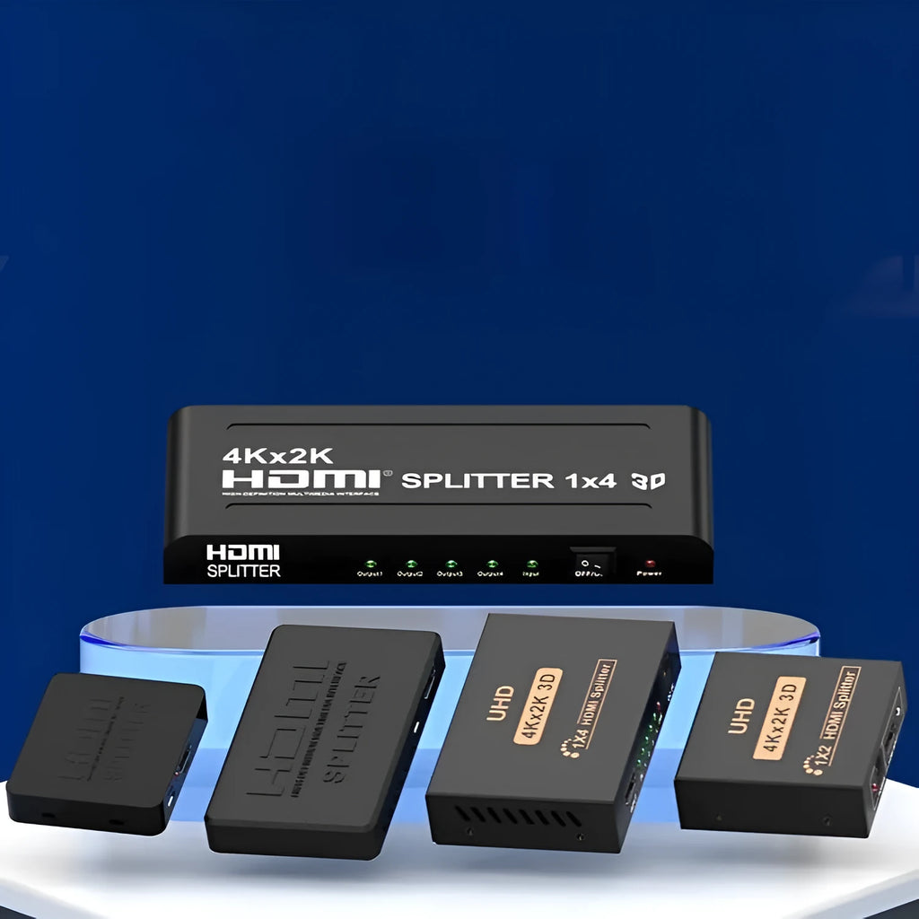 4K HDMI one input to two output splitter with USB power cable and regional plug options