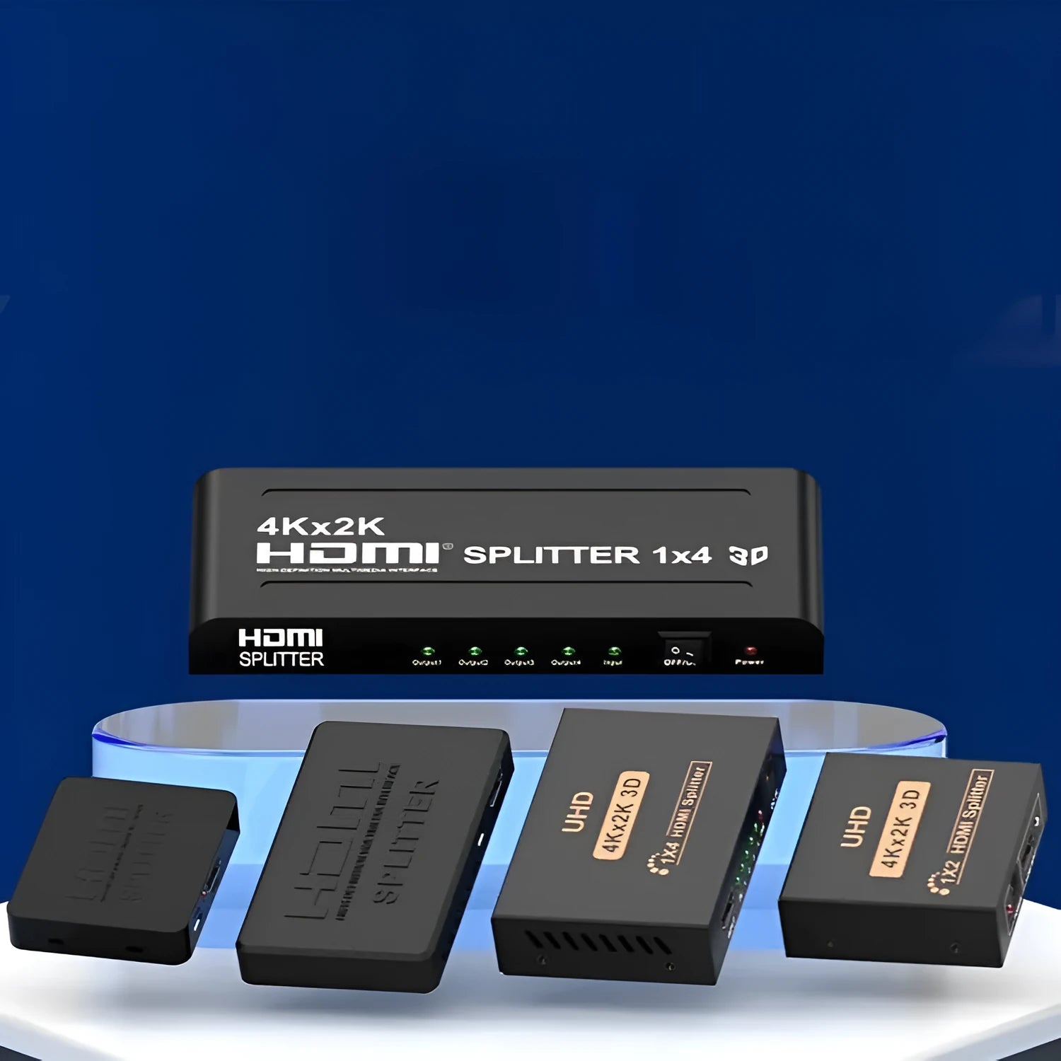 4K HDMI one input to two output splitter with USB power cable and regional plug options
