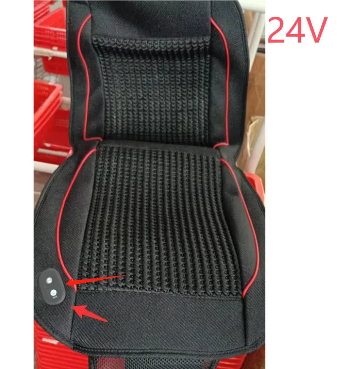 Black car ventilation seat cushion measuring 60cm square with power cord