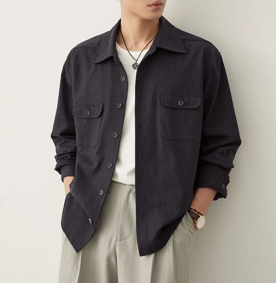 Men's cotton blend shirt with lapel collar in light sand rice and nautilidae colours, showing long sleeves