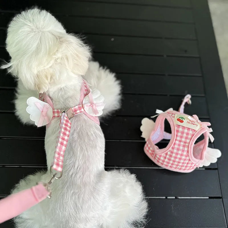 Small dog harness with chest and back attachments and cotton hand-holding rope in pink or black colours