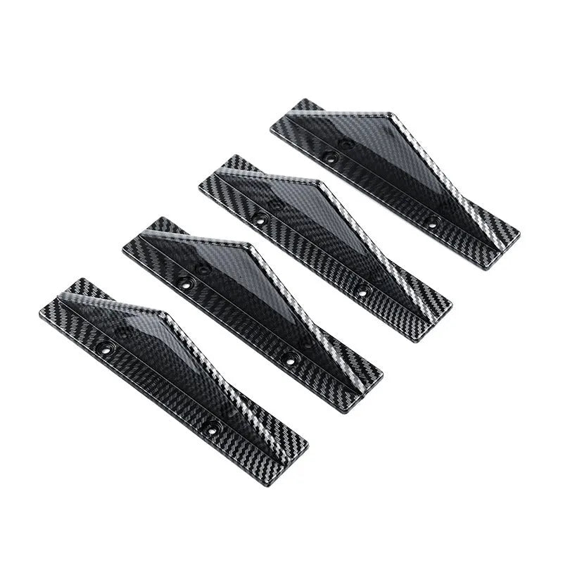 Set of four black ABS plastic triangle rear spoilers for car bumper, measuring 15cm wide, with screws and adhesive tape.