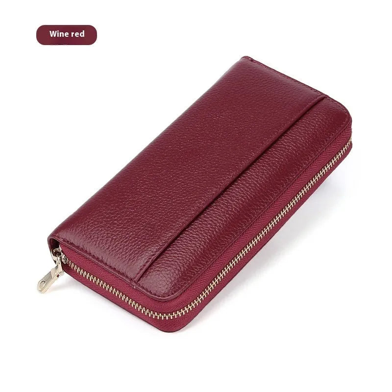 Women's genuine leather long wallet in solid colour with large capacity and anti-theft card swipe