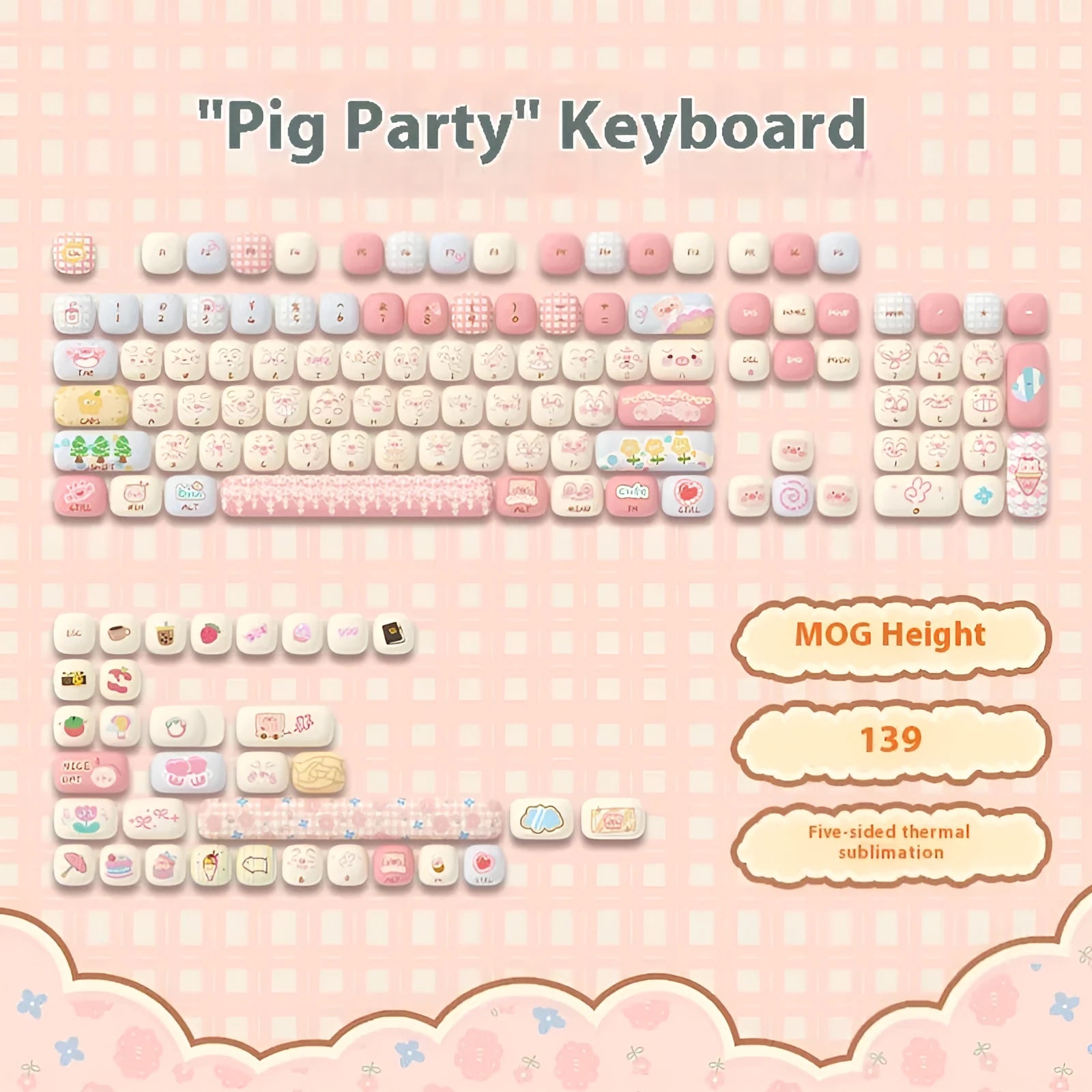 Sublimation printed cartoon pig party theme keycap set for mechanical keyboard.